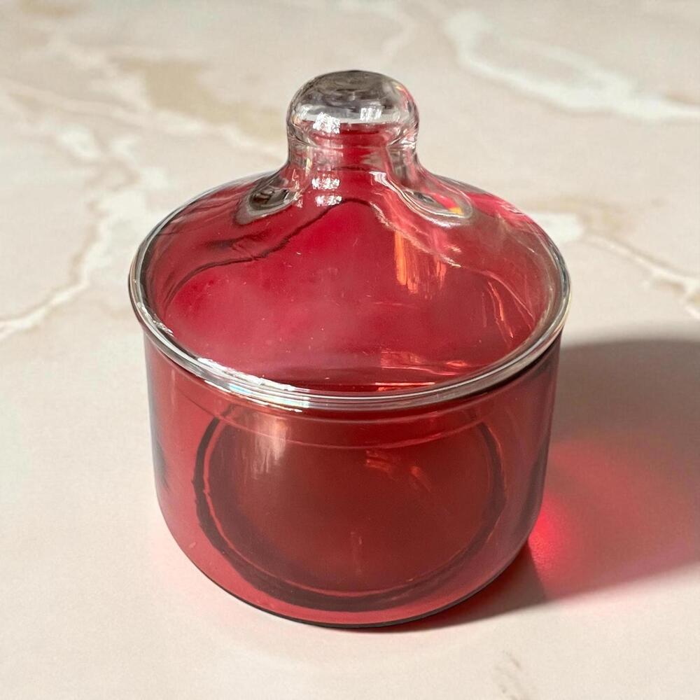 Vintage Cranberry Glass Candy Jar with Clear Lid - 1960 Retro Cranberry Jar